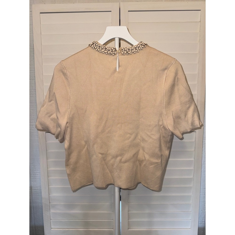 Marled Knit Top Women Beige Beaded Neckline Short Sleeve Keyhole Back Size M - Picture 3 of 5